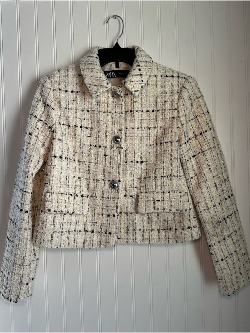 Zara Cream Tweed Cropped Button Jacket with Black Check